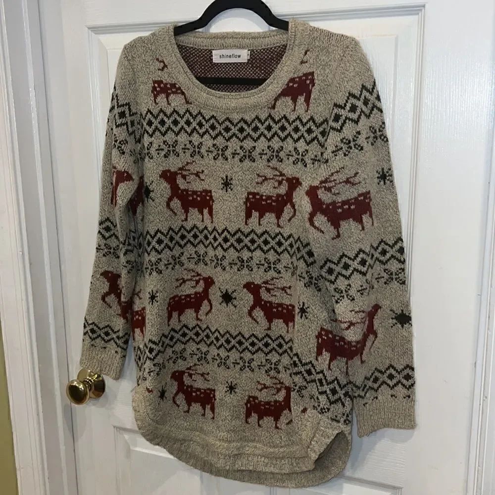 Shineflow Reindeer Patterned Knit Sweater Long Beige Red Small - Picture 9 of 13